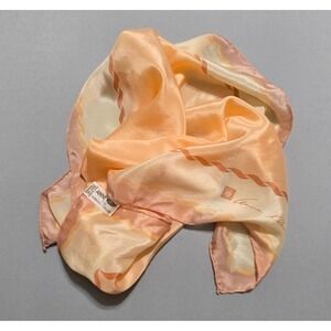 Anne Klein Silk Scarf Peach Cream Wavy Border Square Made in Japan